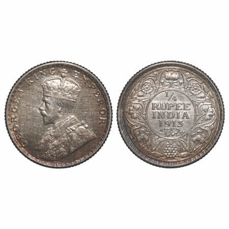 George V, Silver, 1/4 Rupee, 1913, Bombay Mint, Dot, Elephant. F. Prid 455. GK 1084. Almos