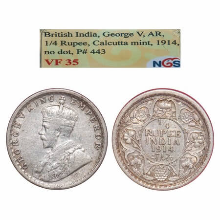 George V, Silver, 1/4 Rupee, 1914, Calcutta Mint, No dot, Elephant. F. Prid 443. GK 1085. 