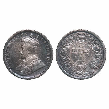 George V, Silver, 1/4 Rupee, 1915, Calcutta Mint, No dot, Elephant. F. Prid 444. GK 1087. 