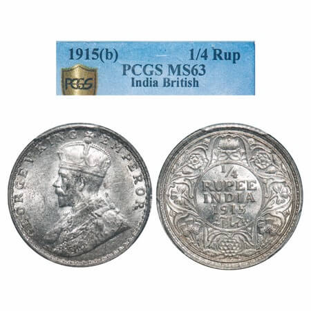 George V, Silver, 1/4 Rupee, 1915, Bombay Mint, Dot, Elephant. F. Prid 457. GK 1088. PCGS 