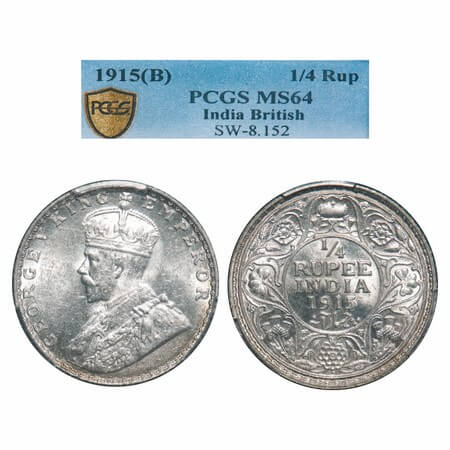 George V, Silver, 1/4 Rupee, 1915, Bombay Mint, Dot, Elephant. F. Prid 457. GK 1088. PCGS 