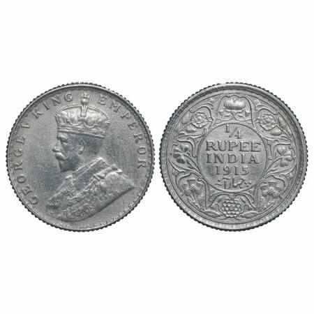 George V, Silver, 1/4 Rupee, 1915, Bombay Mint, Dot, Elephant. F. Prid 457. GK 1088. Extre