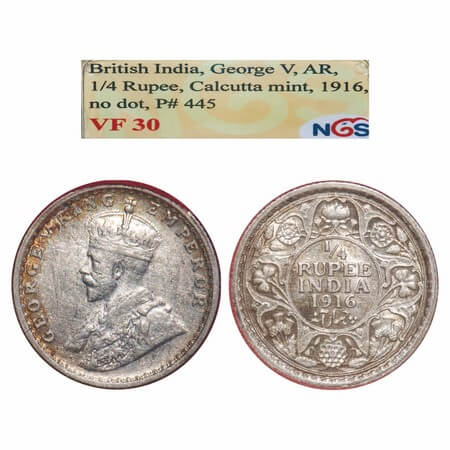George V, Silver, 1/4 Rupee, 1916, Calcutta Mint, No dot, Elephant. F. Prid 445. GK 1089. 