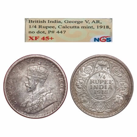 George V, Silver, 1/4 Rupee, 1918, Calcutta Mint, No dot, Elephant. F. Prid 447. GK 1091. 