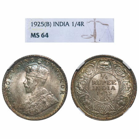 George V, Silver, 1/4 Rupee, 1925, Bombay Mint, Dot, Elephant. F. Prid 458. GK 1093. NGC s