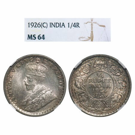 George V, Silver, 1/4 Rupee, 1926, Calcutta Mint, No dot, Elephant. F. Prid 449. GK 1094. 