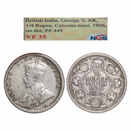 George V, Silver, 1/4 Rupee, 1926, Calcutta Mint, No dot, Elephant. F. Prid 449. GK 1094. 