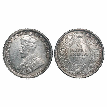 George V, Silver, 1/4 Rupee, 1926, Calcutta Mint, No dot, Elephant, Ghost on Rev. F. Prid 