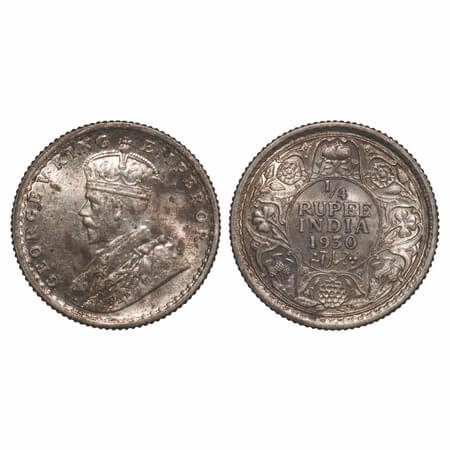 George V, Silver, 1/4 Rupee, 1930, Calcutta Mint, No dot, Elephant. F. Prid 451. GK 1097. 
