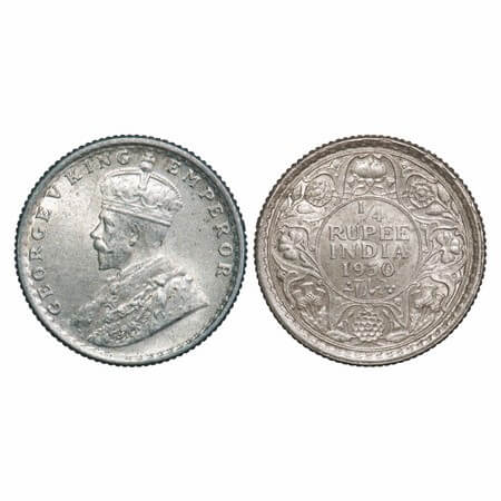 George V, Silver, 1/4 Rupee, 1930, Calcutta Mint, No dot, Elephant F. Prid 451. GK 1097. U