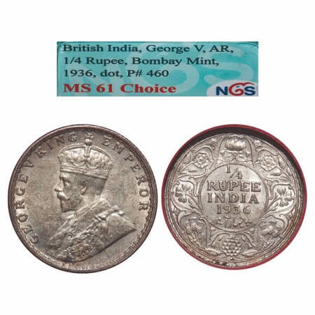 George V, Silver, 1/4 Rupee, 1936, Bombay Mint, Dot, Elephant. F. Prid 460. GK 1100. NGS S