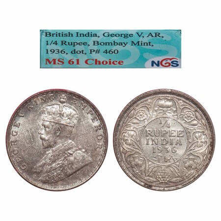 George V, Silver, 1/4 Rupee, 1936, Bombay Mint, Dot, Elephant. F. Prid 460. GK 1100. NGS S