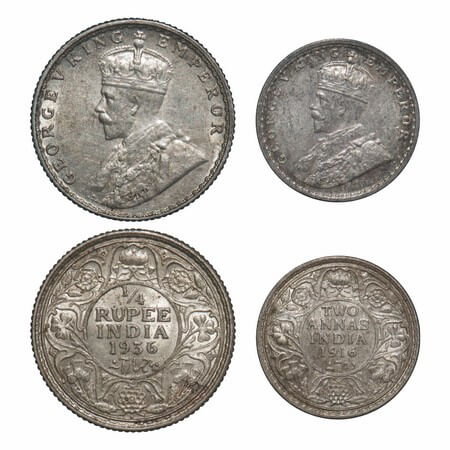 George V, Silver, (2 coins), 1) 1/4 Rupee, 1936, Bombay Mint, Dot, Elephant, 2) 1916, 2 An