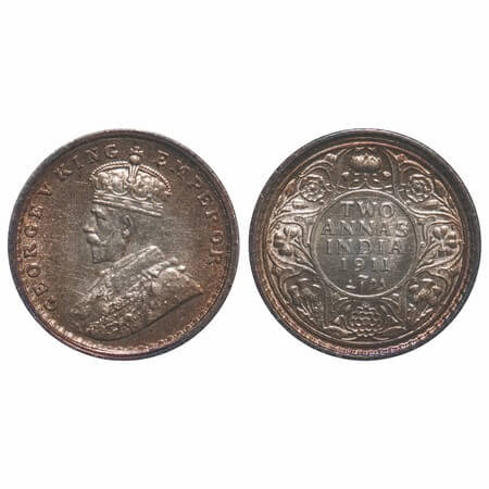 George V, Silver, 2 Annas, 1911, Calcutta Mint, No dot, Pig-Type. F. Prid 564. GK 1107. Un
