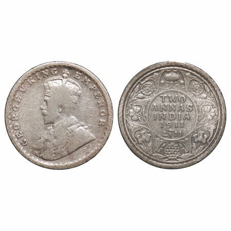 George V, Silver, 2 Annas, 1911, Calcutta Mint, No dot, Pig-Type. F. Prid 564. GK 1107. Fi