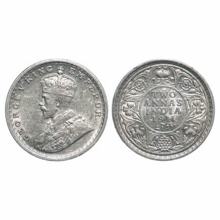 George V, Silver, 2 Annas, 1911, Calcutta Mint, No dot, Pig-Type. F. Prid 564. GK 1107. Ab