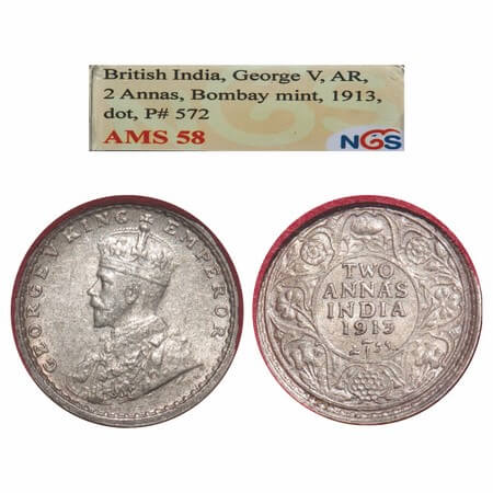 George V, Silver, 2 Annas, 1913, Bombay Mint, Dot, Elephant. F. Prid 572. GK 1111. NGS Sla