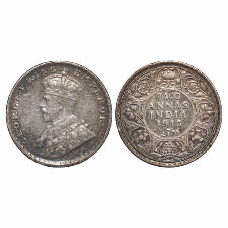 George V, Silver, 2 Annas, 1913, Bombay Mint, Dot, Elephant. F. Prid 572. GK 1111. Extreme