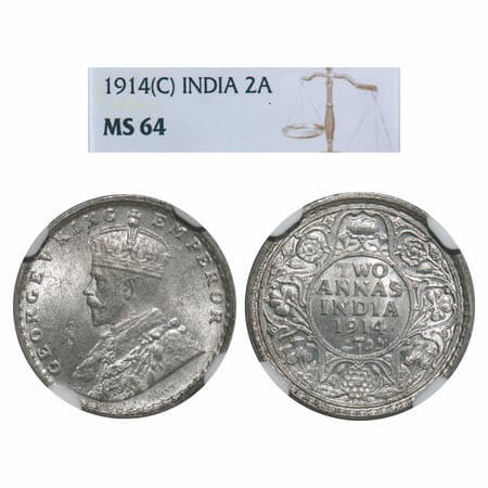 George V, Silver, 2 Annas, 1914, Calcutta Mint, No dot, Elephant. F. Prid 567. GK 1112. NG