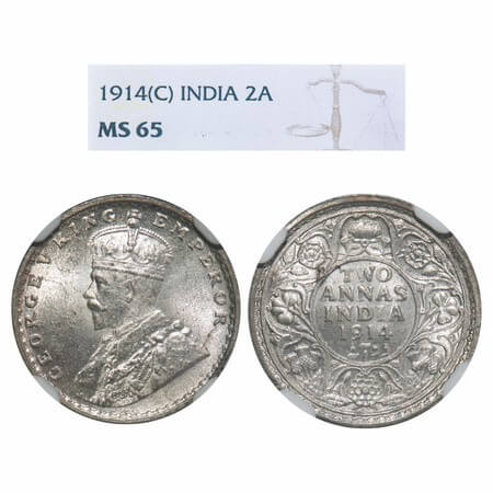 George V, Silver, 2 Annas, 1914, Calcutta Mint, No dot, Elephant. F. Prid 567. GK 1112. NG