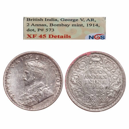 George V, Silver, 2 Annas, 1914, Bombay Mint, Dot, Elephant. F. Prid 573. GK 1113. NGS Sla
