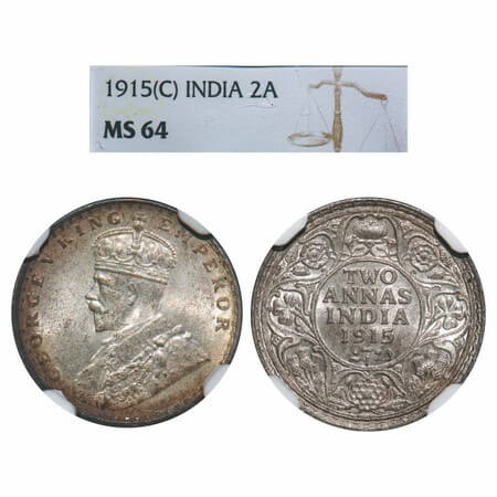 George V, Silver, 2 Annas, 1915, Calcutta Mint, No dot, Elephant. F. Prid 568. GK 1114. NG