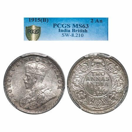 George V, Silver, 2 Annas, 1915, Bombay Mint Dot, Elephant. F. Prid 574. GK 1115. PCGS Sab