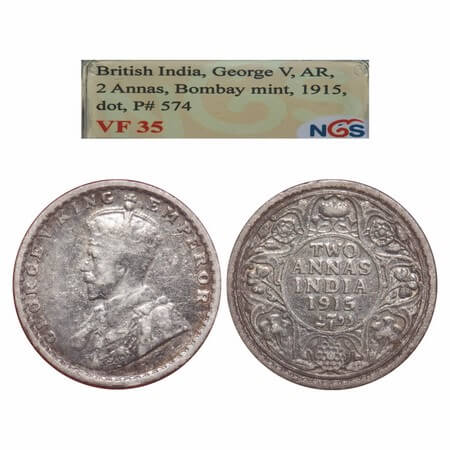 George V, Silver, 2 Annas, 1915, Bombay Mint, Dot, Elephant. F. Prid 574. GK 1115. NGS Sla