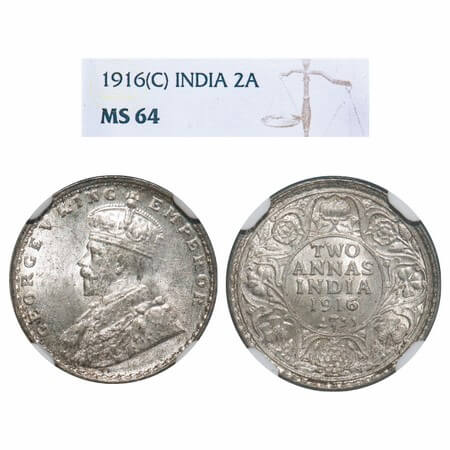 George V, Silver, 2 Annas, 1916, Calcutta Mint, No dot, Elephant. F. Prid 569. GK 1116. NG