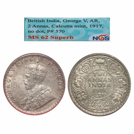 George V, Silver, 2 Annas, 1917, Calcutta Mint, No dot, Elephant. F. Prid 570. GK 1117. NG