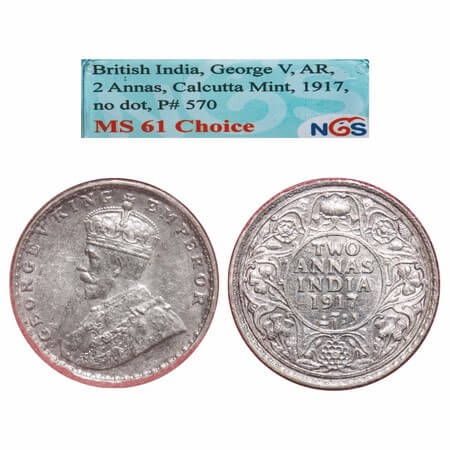 George V, Silver, 2 Annas, 1917, Calcutta Mint, No dot, Elephant. F. Prid 570. GK 1117. NG