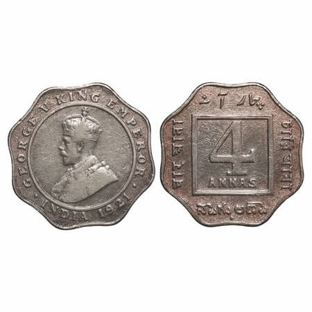 George V, Copper-Nickel, 4 Annas, 1921, Bombay Mint, Dot. F. Prid 879. GK 1106. Very Fine+