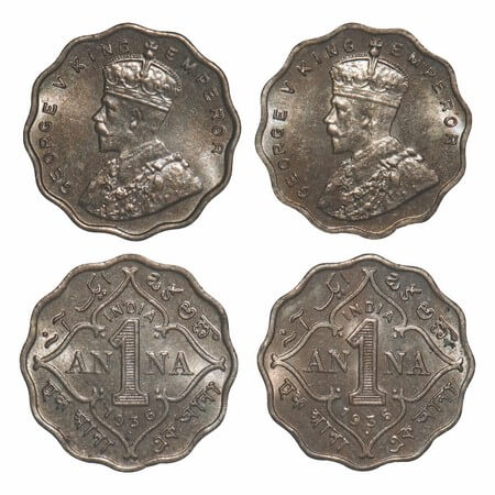 George V, Copper-Nickel, 1 Anna, (2 coins), 1936, Bombay Mint, Dot, 1) Small dot, 2) Big d