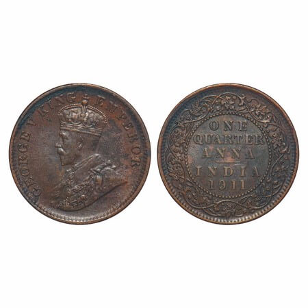 George V, Bronze, Quarter Anna, 1911, Calcutta Mint, No dot, Pig-Type. F. Prid 656. GK 117