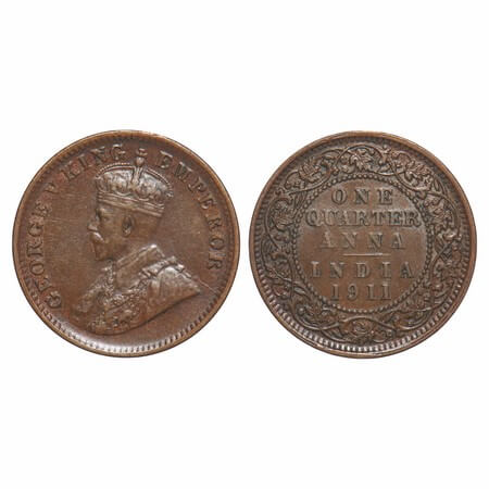 George V, Bronze, Quarter Anna, 1911, Calcutta Mint, No dot, Pig-Type, Ghost on Rev. F. Pr