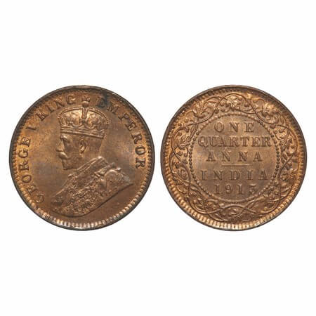 George V, Bronze, Quarter Anna, 1913, Calcutta Mint, No dot, Ghost on Rev. F. Prid 659. GK