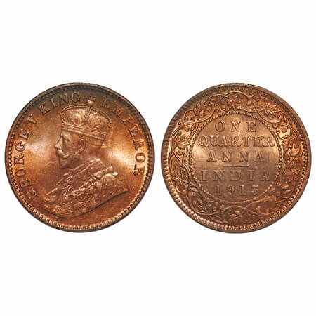 George V, Bronze, Quarter Anna, 1913, Calcutta Mint, No dot, Elephant. F. Prid 659. GK 117