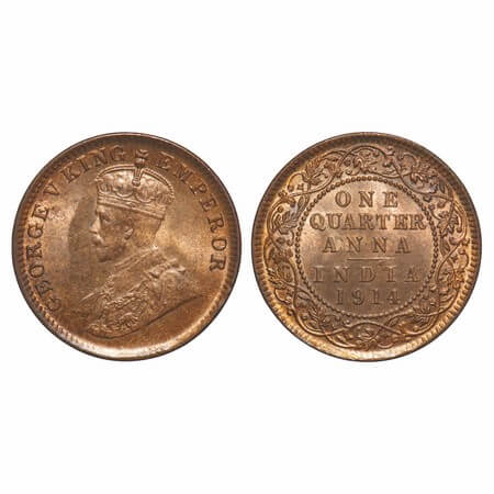 George V, Bronze, Quarter Anna, 1914, Calcutta Mint, No dot, Die crack on Rev. F. Prid 660
