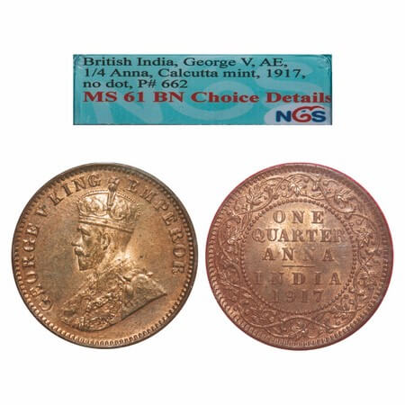 George V, Bronze, Quarter Anna, 1917, Calcutta Mint, No dot, Elephant. F. Prid. 662. GK 11
