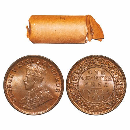 George V, Bronze, Quarter Anna, (Roll of 32 coins), 1919, Calcutta Mint, No dot, Elephant.