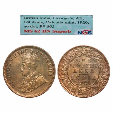 George V, Bronze, Quarter Anna, 1920, Calcutta Mint, No dot, Elephant. F. Prid. 665. GK 11