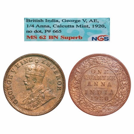 George V, Bronze, Quarter Anna, 1920, Calcutta Mint, No dot, Elephant. F. Prid. 665. GK 11