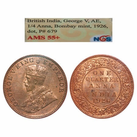 George V, Bronze, Quarter Anna, 1926, Bombay Mint, Dot, Elephant. F. Prid 679. GK 1183. NG