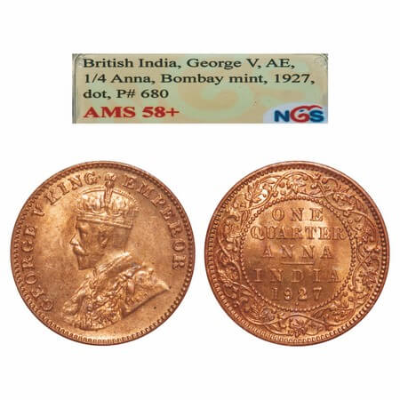 George V, Bronze, Quarter Anna, 1927, Bombay Mint, Dot, Elephant. F. Prid 680. GK 1185. NG