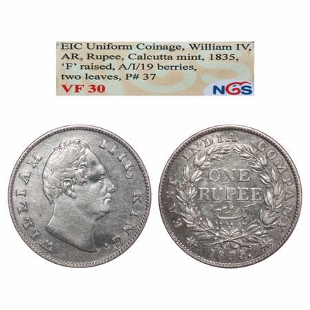 William IV, Silver, Rupee, 1835, Calcutta Mint, A/I, 'F' raised, Rev aligned, Large and th