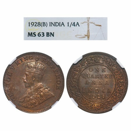 George V, Bronze, Quarter Anna, 1928, Bombay Mint, Dot, Elephant. F. Prid. 681. GK 1187. N