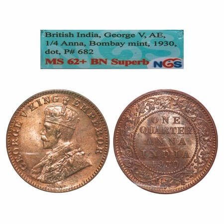 George V, Bronze, Quarter Anna, 1930, Bombay Mint, Dot, Elephant. F. Prid. 682. GK 1190. N