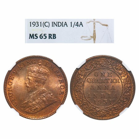 George V, Bronze, Quarter Anna, 1931, Calcutta mint, No dot, Elephant. F. Prid 672. GK 119