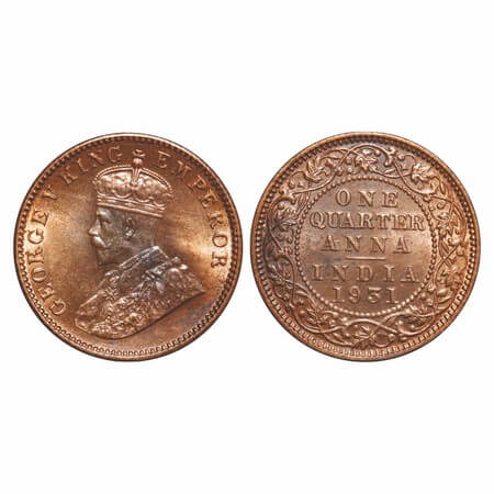George V, Bronze, Quarter Anna, 1931, Calcutta mint, No dot, Elephant. F. Prid 672. GK 119