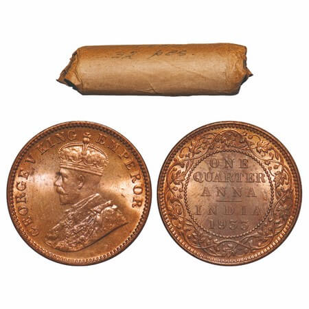 George V, Bronze, Quarter Anna, (Roll of 32 coins), 1933, Calcutta Mint, No dot, Elephant.